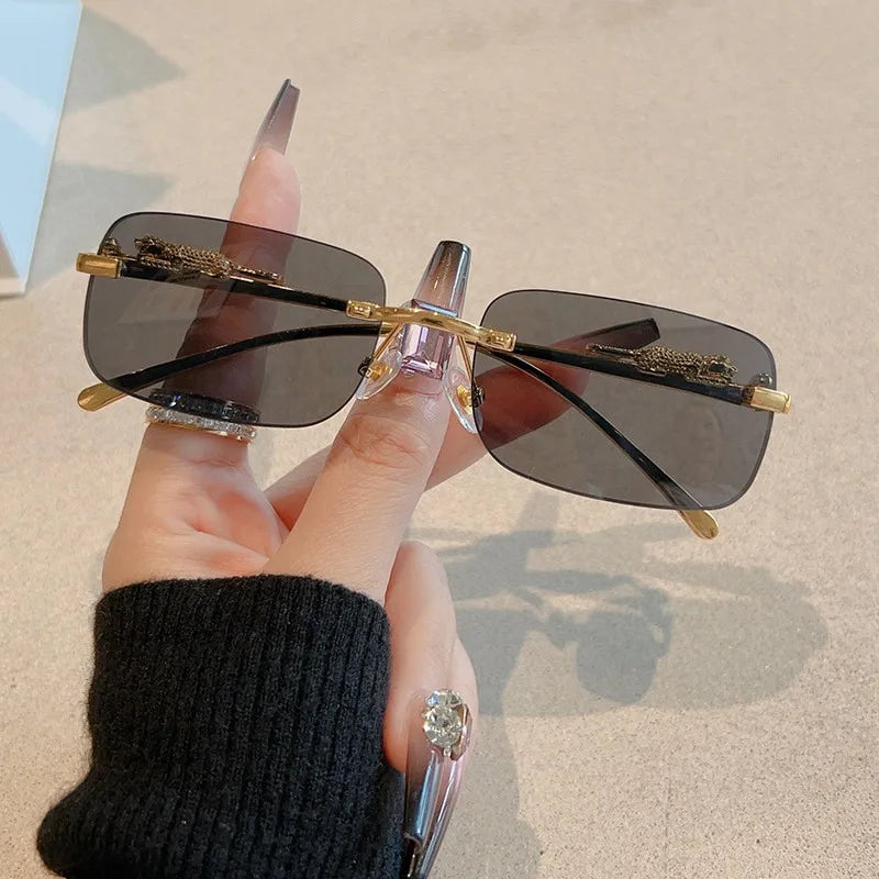 Korean Retro Square Rimless Sunglasses Seaside Cheetah Decoration Frameless Gradient Lens Eyeglasse Outdoor UV Protective Shades