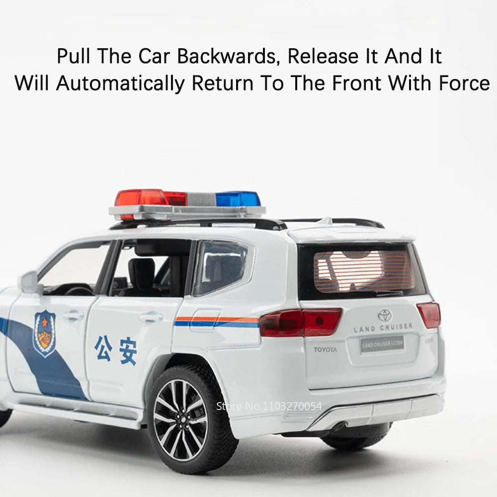 1:32 Prado Land Cruiser LC300 Police Car Metal Model Toy Alloy Diecast Vehice Rubber Tire Sound Light Pull Back Toy Gift for Kid