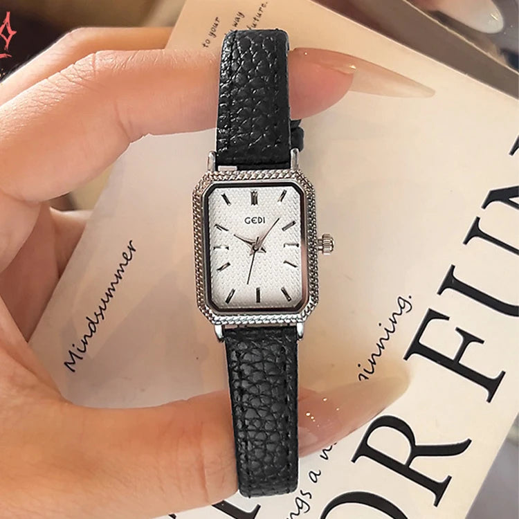 GEDI Ladies Small Wristwatches Elegant Square Vintage Watches for Woman Girlfriend Leather Strap Quartz Watch Gifts New