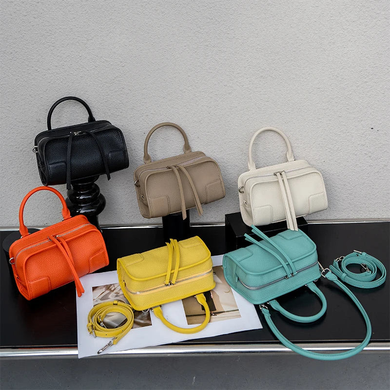 Genuine Cowhide Leather Mini Boston Bag for Women Top Handle Crossbody Bag with Zipper Closure Luxury Designer Messenger bags