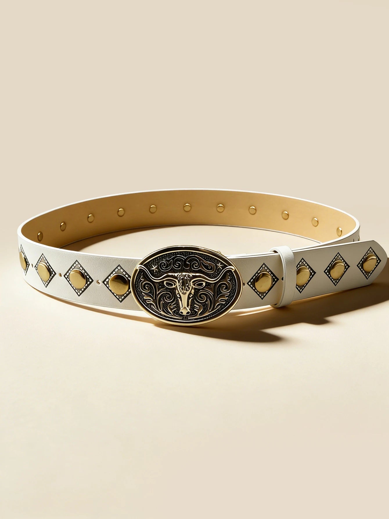 Western Style Bull Head Rivet Belt, White Vintage Engraved Metal Buckle Unisex Waistband