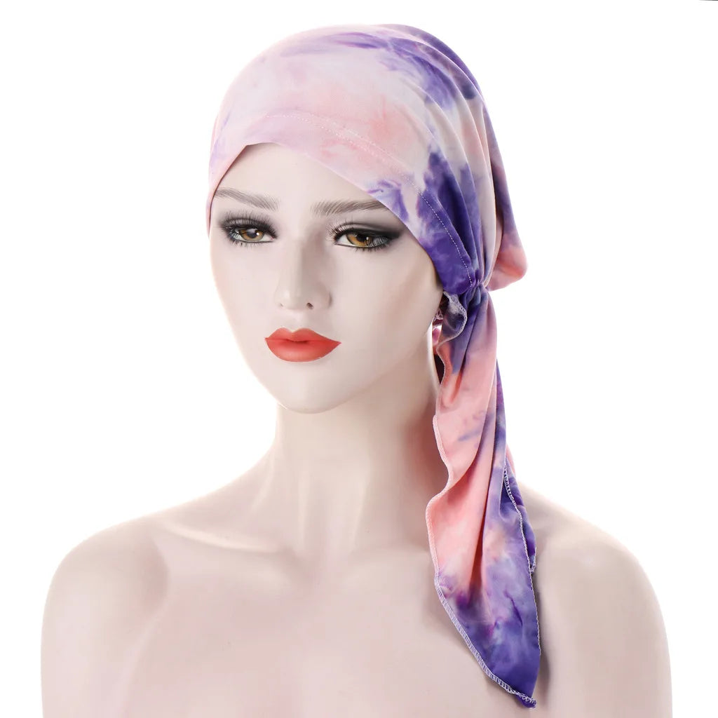 Trendy Print Women Muslim Hijab Caps Wrap Head Soft Elastic Long Tail Turban Bonnet Fashion Headdress Wearable
