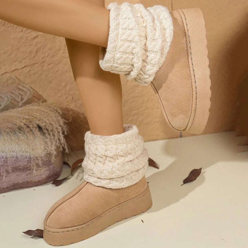 Fashion Knitted Leg Covers Snow Boots Women Winter Warm Faux Fur Ankle Boots Woman Plus Size 37-43 Platform Botas Female