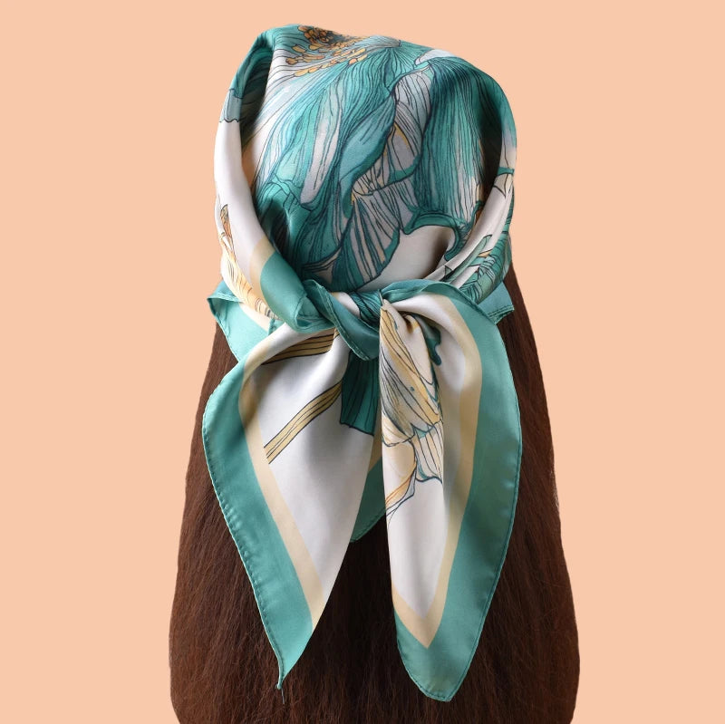 1pc Sweet Large Flower Print Silk Satin Square Scarf Women's Hair Accessory Spring New Style Versatile Belt Bag Decoration Heads