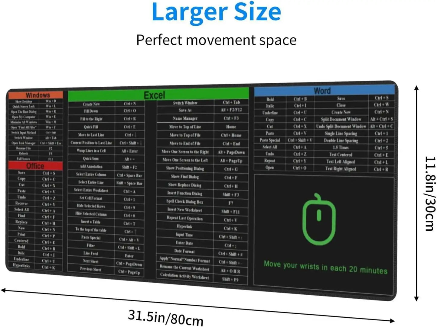 Excel Shortcut Keys Mouse Pad - Computer Word Outlook Command Prompt Extended Large Cheat Sheet Mousepad |PC Office Keyboard Mat