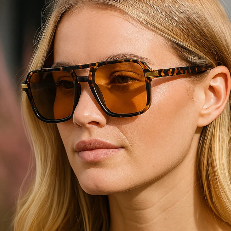 JNPCXI New Vintage Double Bridges Square Sunglasses Women Fashion Blue Green Shades UV400 Men Trending Rivets Sun Glasses