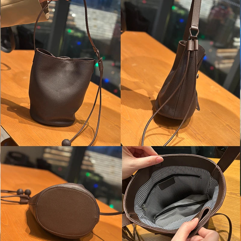 Women Mini Genuine Leather Bucket Bag Real Leather Crossbody & Top Handle Drawstring Shoulder Bag Luxury Designer Underarm Bags