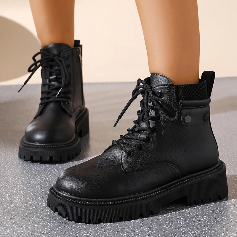 Winter Warm Thicken Plush Ankle Boots Women Fashion Lace Up Platform Combat Boots Woman Comfort Zipper Pu Leather Short Booties