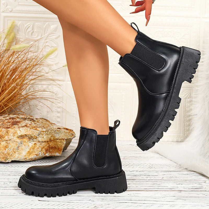 Pu Leather Platform Chelsea Boots Women Fashion Plus Size 42 Slip On Ankle Boots Woman Non Slip Thick Sole Short Booties Mujer