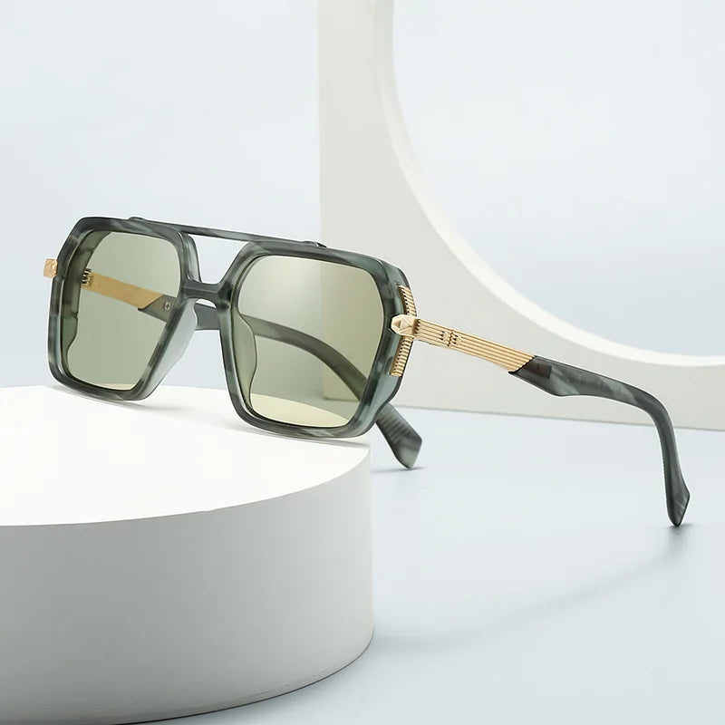 JNPCXI Ins Popular Fashion Double Bridges Square Sunglasses Women Retro Rivets Green Green Men Punk Sun Glasses Shades UV400