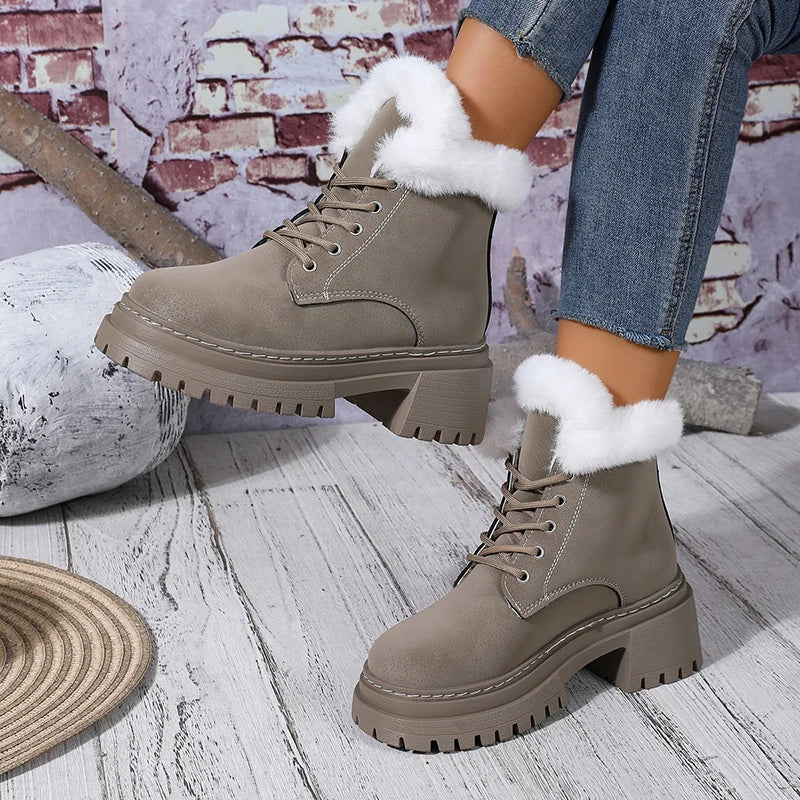 Thick Heels Faux Fur Ankle Boots Women Fashion Lace Up Long Plush Winter Boots Woman Comfort Non Slip Cotton Padded Shoes Female