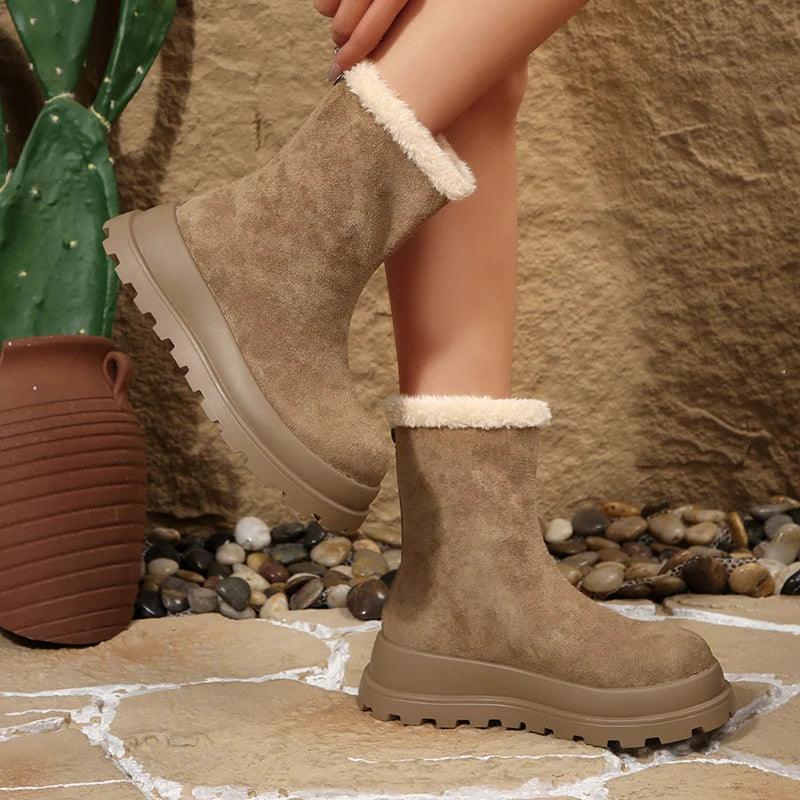 Thick Bottom Long Plush Snow Boots Women Plus Size 42 Faux Suede Platform Ankle Boots Woman Zipper Non Slip Warm Winter Botas