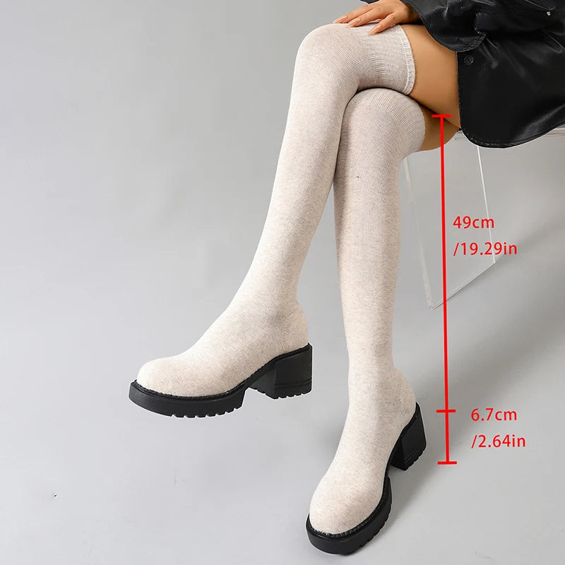 Fashion Chunky Heel Over The Knee Boots Women Plus Size 35-42 Stretch Knitted Sock Boots Woman Non Slip High Heels Long Botas