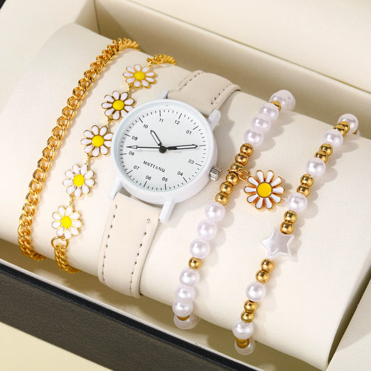 5pcs/Set Lovely Creative Pentagram Daisy Pearl String Handmade Bracelet Watch