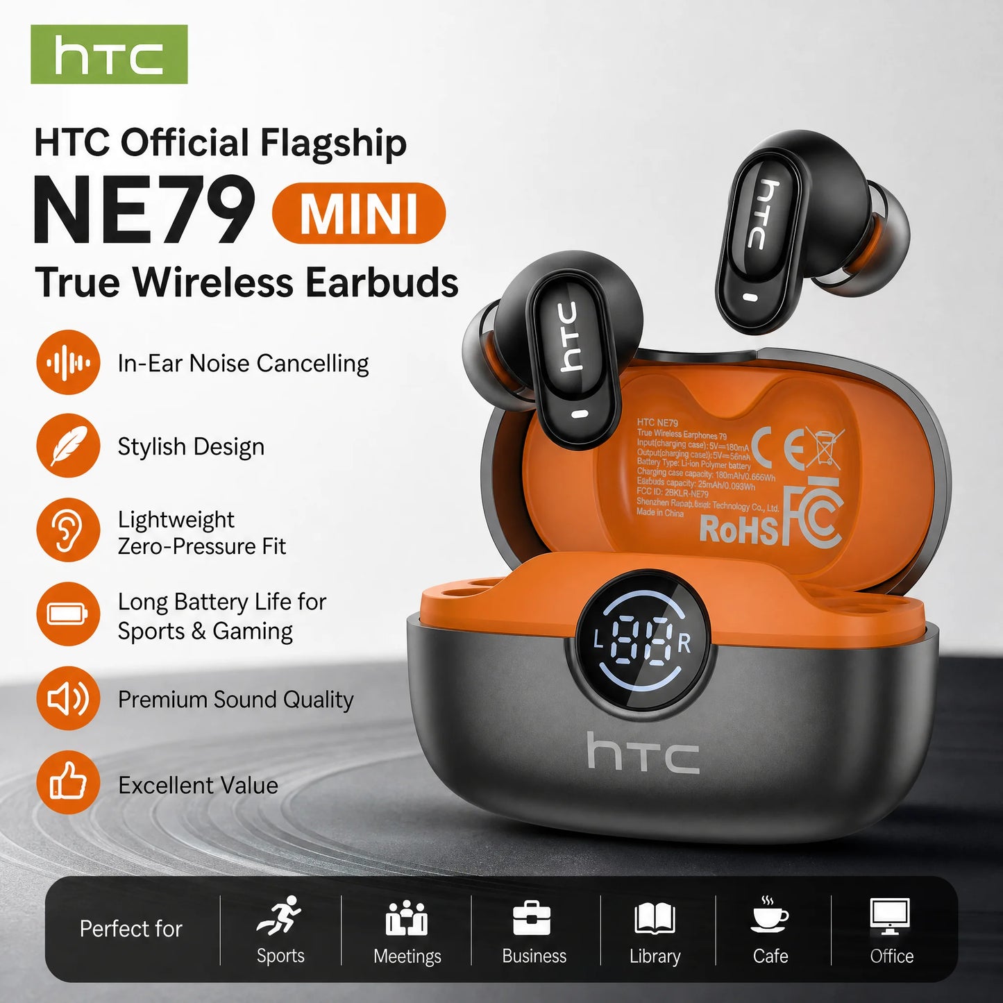 HTC NE79 Bluetooth Earphones Comfort Wireless Headphones Premium Sound Quality Sports Gaming Long Battery Soft In-ear Earbuds