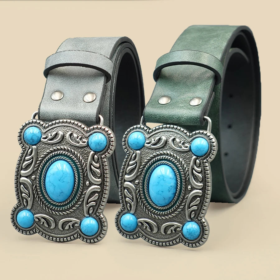 Bohemian Turquoise Square Buckle Belt - Premium Pu Waist Cincher with Minimalist Ethnic Design for Music Festivals & Dresses