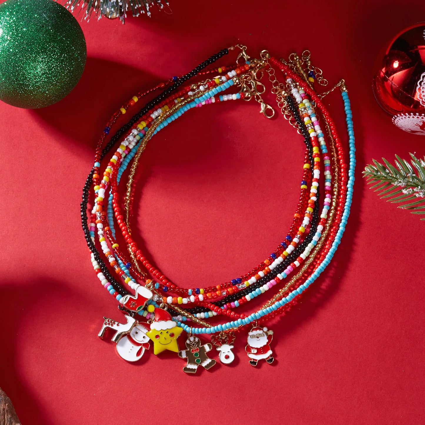 7pcs/Set Handmade Beads Christmas Necklaces for Women Girls Xmas Tree Santa Claus Snowman Pendant Necklace New Year Jewelry Gift