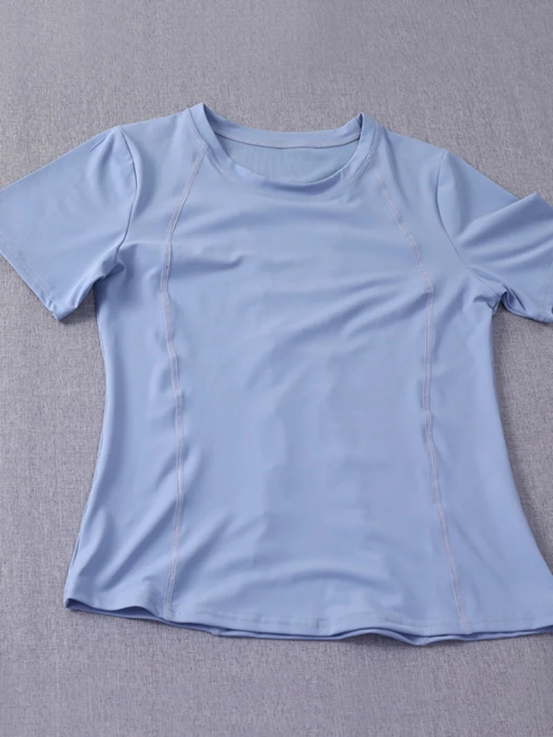 New waist closing sports short sleeve women's casual loose running Equestrian clothes quick drying fitness T-shirt