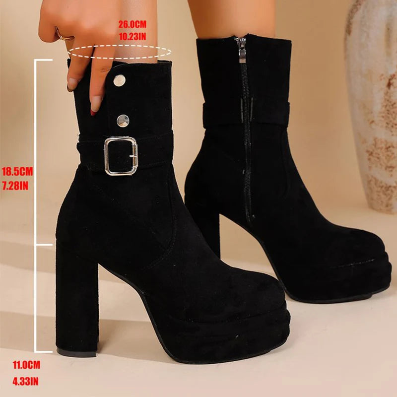 Sexy Super High Heel Platform Boots Women Black Apricot Faux Suede Ankle Boots Woman Buckle Detor Zipper Up Booties Ladies