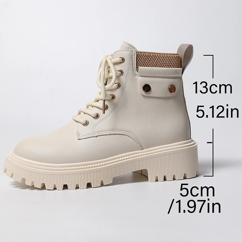 Winter Warm Thicken Plush Ankle Boots Women Fashion Lace Up Platform Combat Boots Woman Comfort Zipper Pu Leather Short Booties