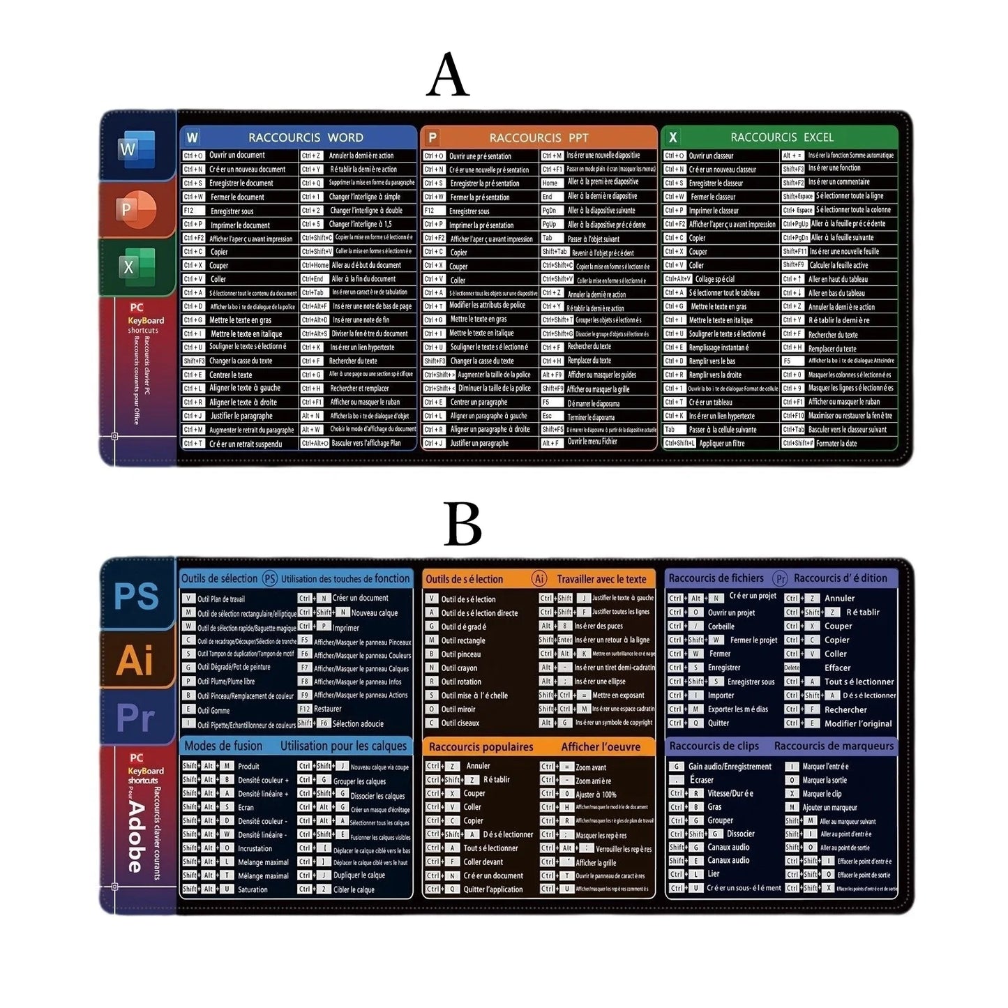 French Version Excel/Word/Windows/PPT Cheat Sheet Mouse pad, Computer Keyboard Pad for Office Workers Students Office Desk Mat