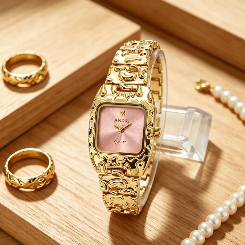 Vintage Square Watches for Women Golden Bracelet Quartz Wristwatch Luxury Designer Ladies Small Gold Watch Gifts Dropshipping