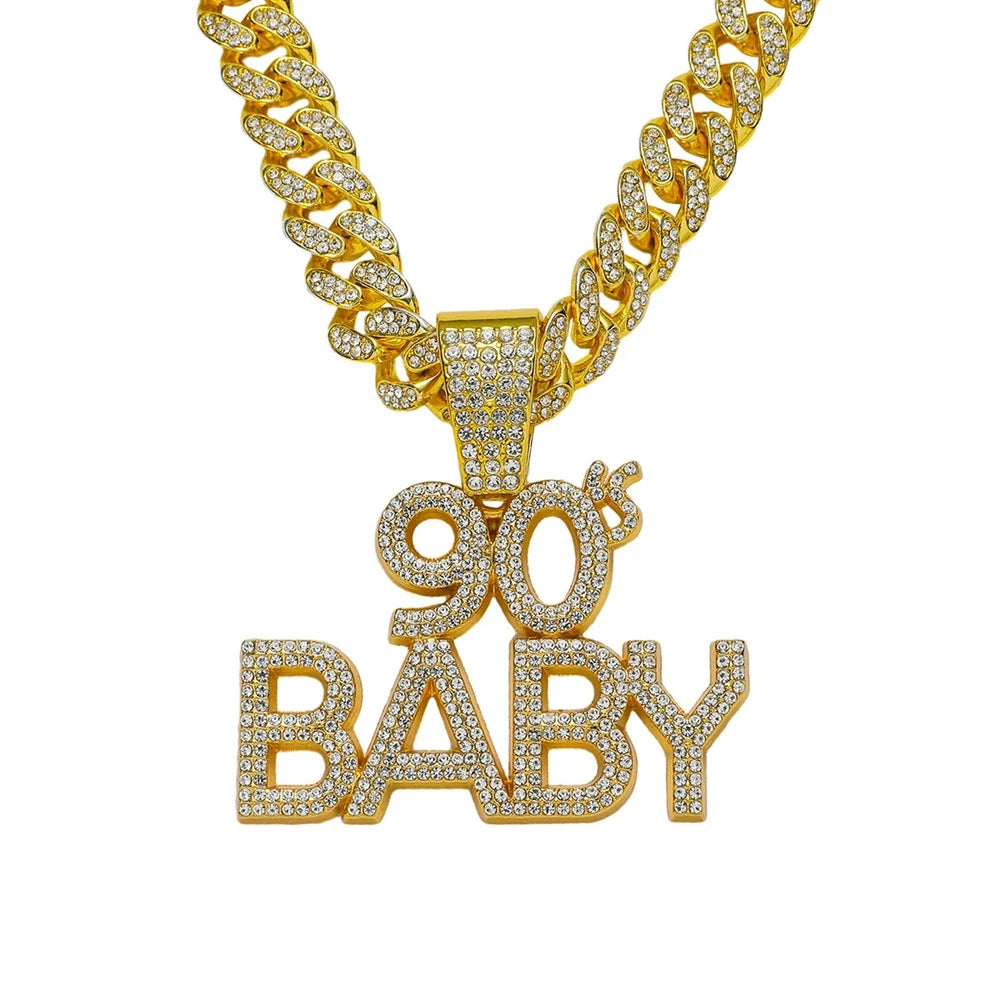 Men Women Hip Hop Full Rhinestone 90 BABY Letter Pendant Necklace Cuban Chain HipHop Iced Out Bling Necklaces Charm Jewelry Gift