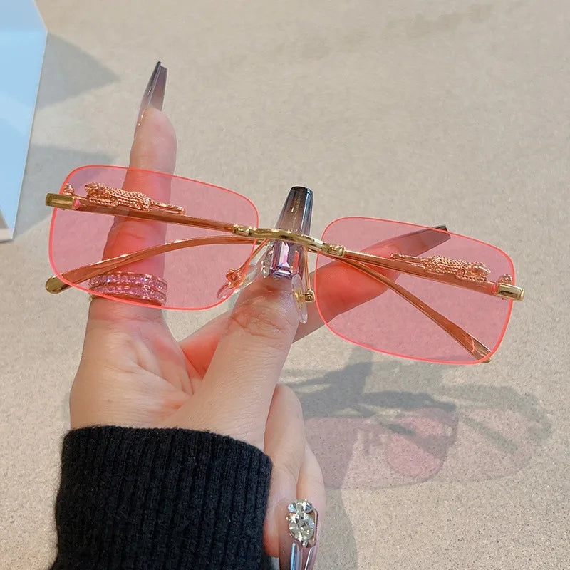Korean Retro Square Rimless Sunglasses Seaside Cheetah Decoration Frameless Gradient Lens Eyeglasse Outdoor UV Protective Shades