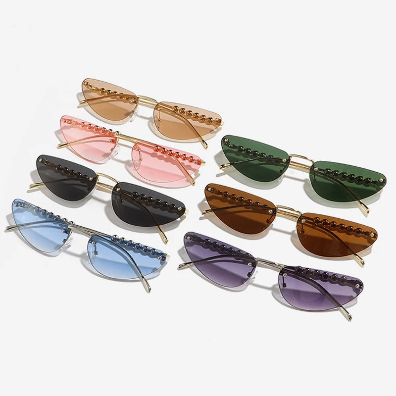 JNPCXI New Diamond Cat Eye Sunglasses Rimless Women Luxury Rhinestone Sun Glasses Men Gradient Shades UV400