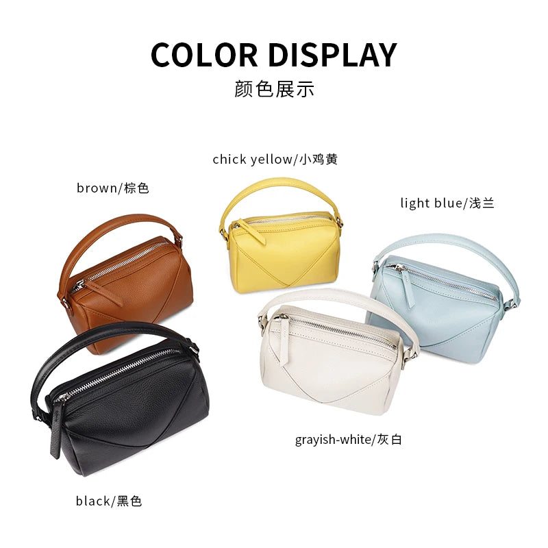 Genuine Cowhide Leather Mini Crossbody Bag for Women Pebbled Leather Top Handle Crossbody Bag with Geometric Stitching