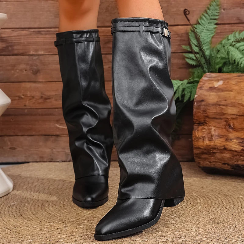2025 Fashion High Heel Knee High Boots Women Punk Pointed Toe Bike Long Boots Woman Autumn Winter Pu Leather Botas Mujer 36-43