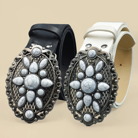 Bohemian Howlite Stone Buckle Belt Black White Women's Vintage Fashion Waistband Decorative Accessory