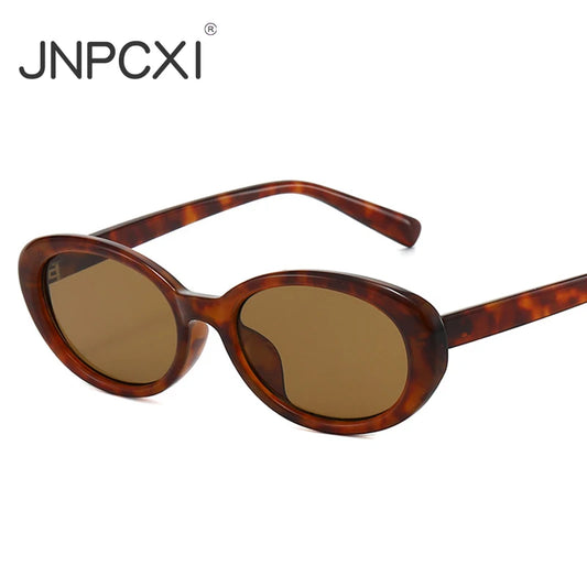 JNPCXI Fashion Small Oval Women Luxury Sunglasses Retro Rivets Men Leopard Tea Shades UV400 Punk Sun Glasses