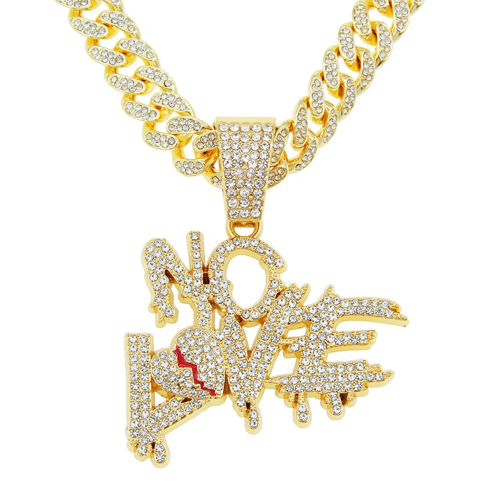 Hip Hop Iced Out Bling Crystal Cuban Chains NO LOVE Necklace Pendants For Men and Women Heart Broke Statement Necklaces Jewelry