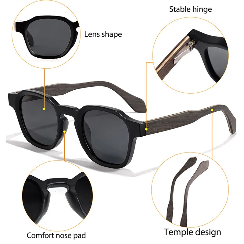 CATERSIDE Vintage Men Polarized Sunglasses Luxury Brand Design Solid Wood Leg Sun Glasses Women Driving Party Holiday Glasses