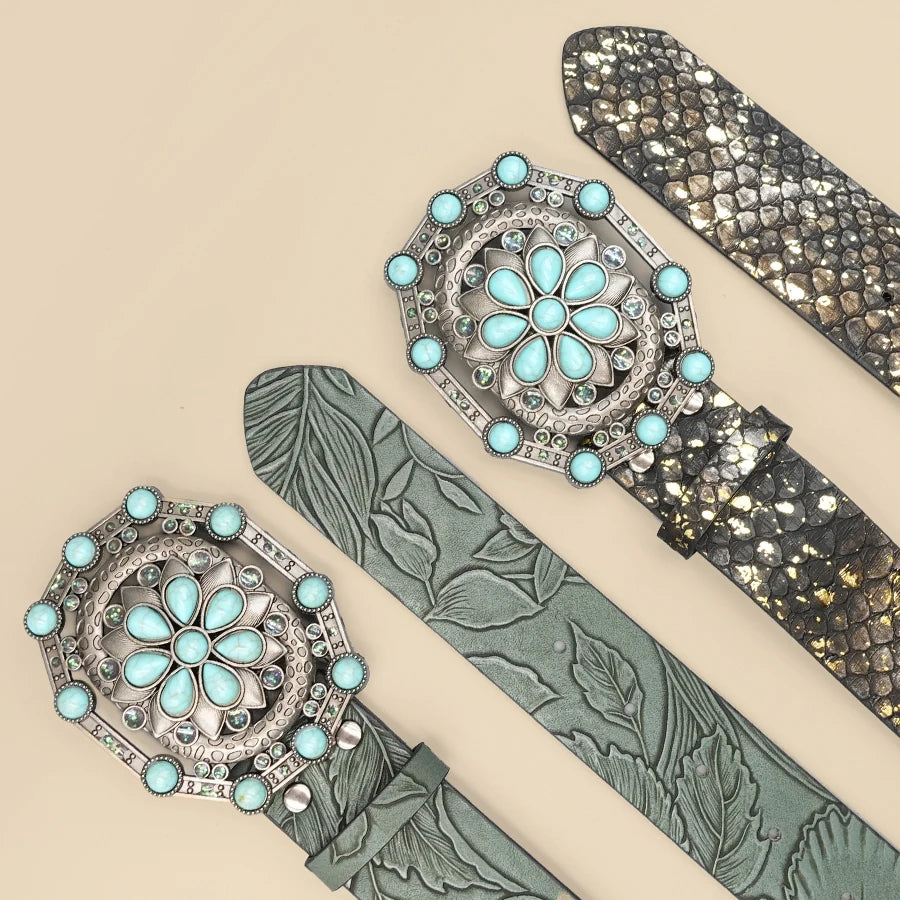 Retro Court Style Imitation Gemstone Inlaid Women's Wide Belt, Western Denim Style, Niche Women's Belt