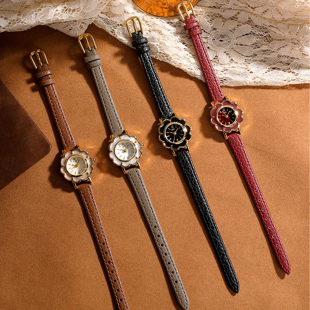 GEDI Fashion Ladies Small Watches Flower Dial Niche Minimalist Exquisite Vintage Leather Strap Quartz Watch Woman