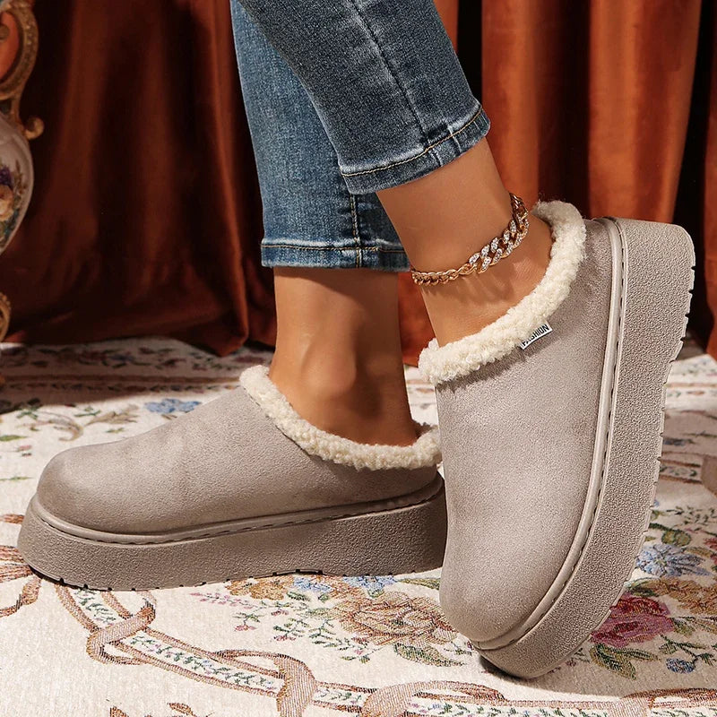 2025 New Faux Suede Fur Slippers Women Winter Slip On Non Slip Thick Sole Snow Boots Woman Warm Thicken Plush Cotton Shoes 36-41