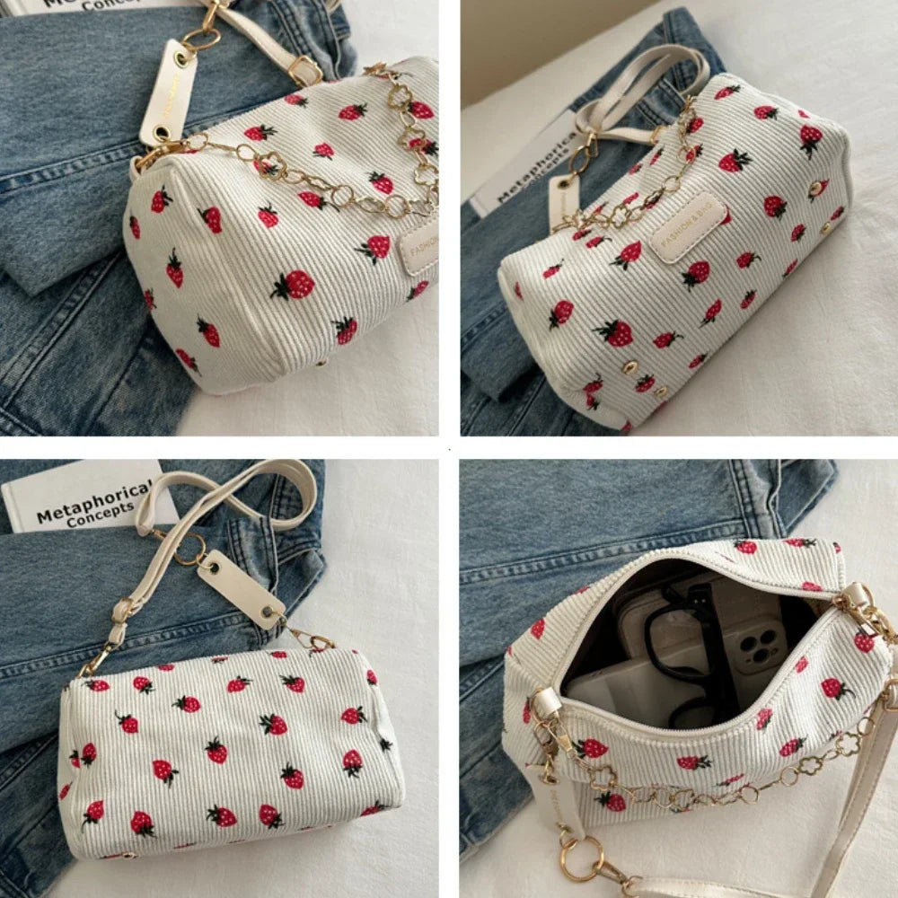 Cute Strawberry Print Mini Underarm Bag Small Fresh Corduroy Women Tote Handbag Casual Versatile Commuter Travel Shoulder Bag