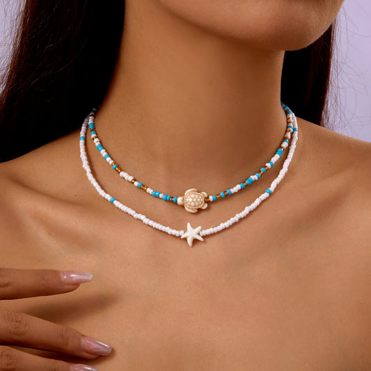 Vintage Double Layer Rice Beads Necklace for Women Boho Beach Turtle Starfish Pendant Short Choker Neck Chain Jewelry Accessory