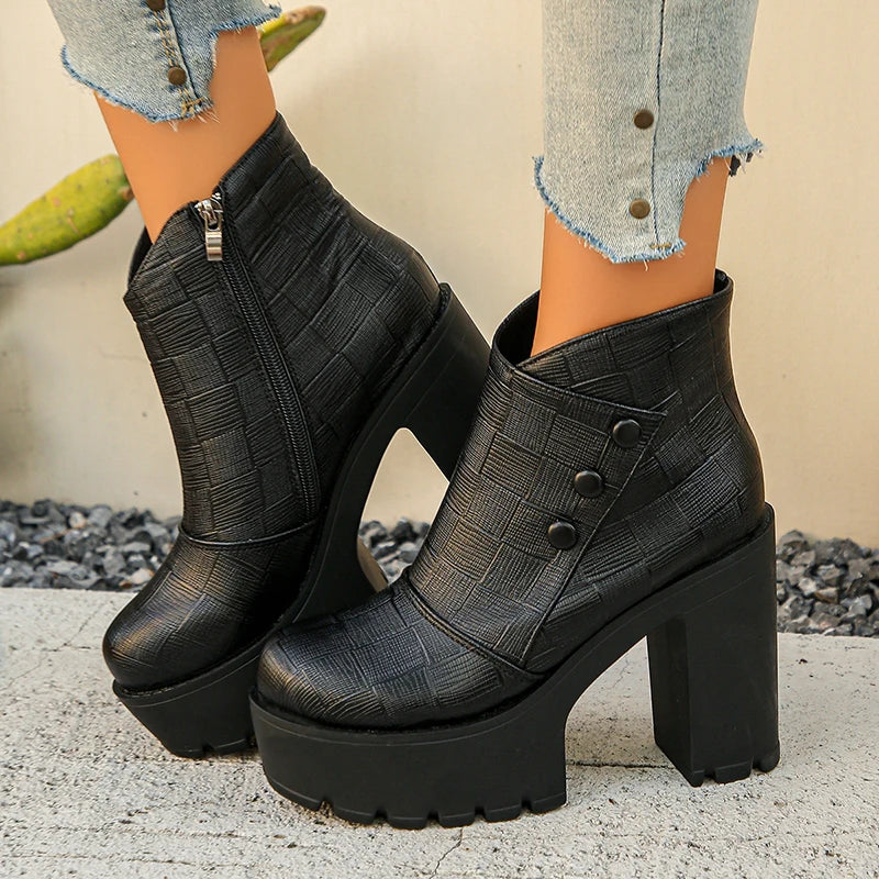 Fashion Black High Heels Ankle Boots Women Plus Size 42 Chunky Platform Short Booties Mujer Pu Leather Thick Heeled Boots Woman