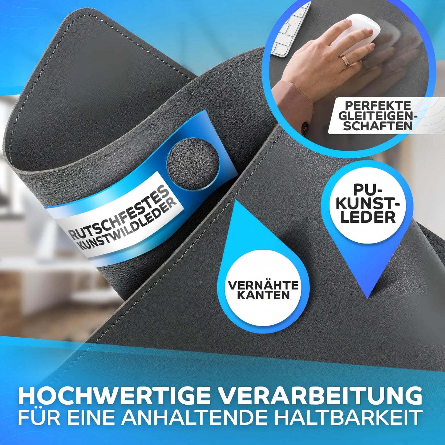 Stitched Edges PU Leather Office Desk Mat, Non-Slip Mouse Pad, Waterproof Desk Pad Protector for School Office Home