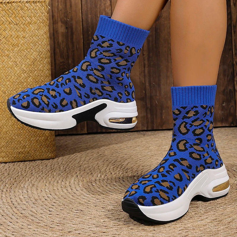 Fashion Leopard Print Platform Ankle Boots Women Comfy Slip On Breathable Knitted Boots Woman Plus Size 35-43 Wedges Short Boots