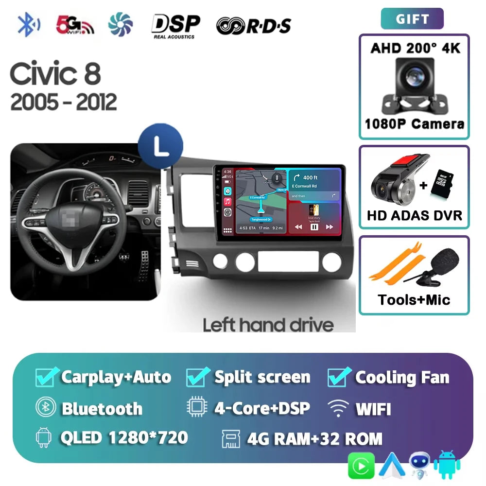 For Honda Civic 8 2005 - 2012 Android 15 Carplay Auto 4G WIFI Car Radio Multimedia Stereo Video Player GPS Navigation Plug and P