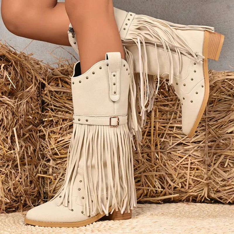 Street Style Rivet Tassel Boots Women 2025 New Beige Plus Size 36-43 Mid-Calf Boots for Woman Pointed Toe Zipper Up Botas Female