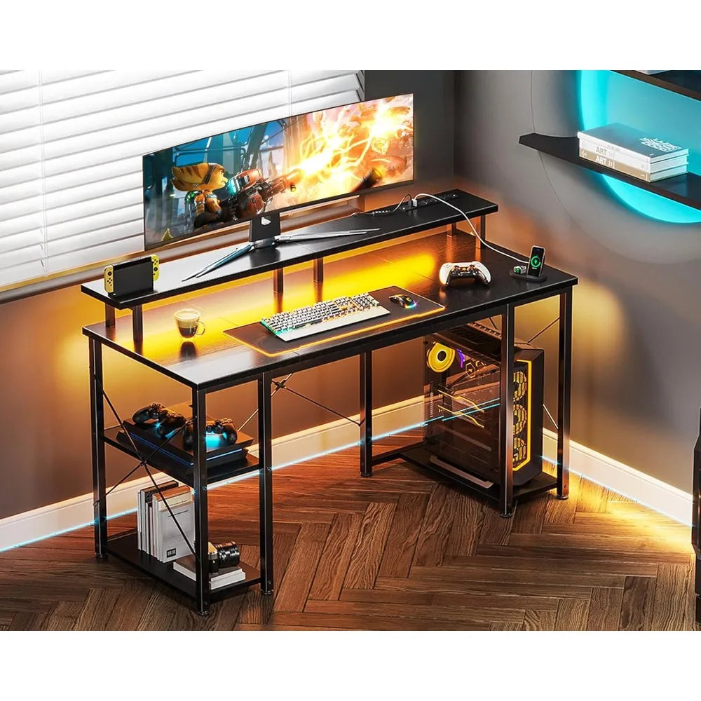 48 " Gaming Desk w/ LED Lights & Power Outlets, Computer Desk w/ Monitor Stand