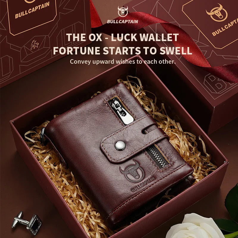 BULLCAPTAIN Gift Box Men's Genuine Leather Wallet Multi-Function RFID Anti-theft Iron Chain Card Bag Comes With Coin Coin Wallet
