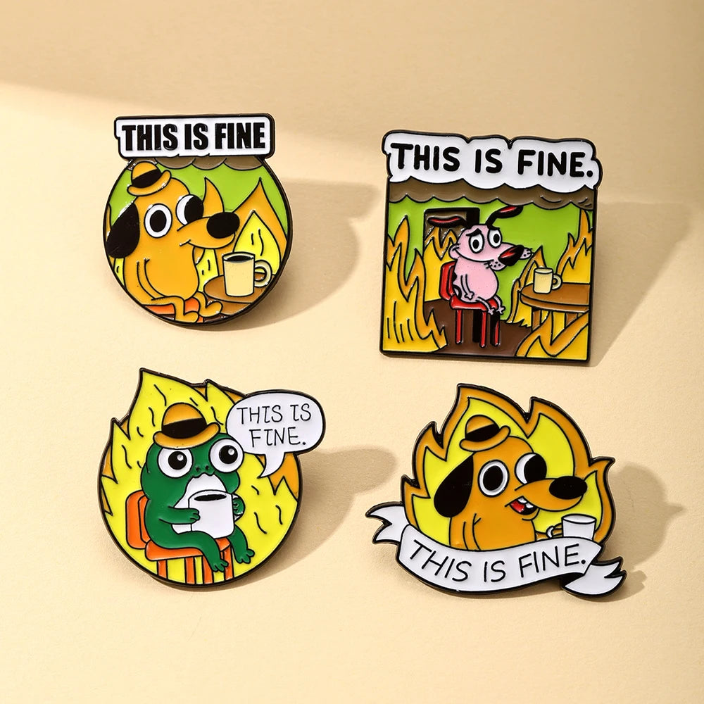 4PCS Yellow Anime Cartoon "This Is Fine" Hound Dog Chair Comic Brooch Animals Flames Enamel Pins Fashion Cute Bag Backpack Jewel