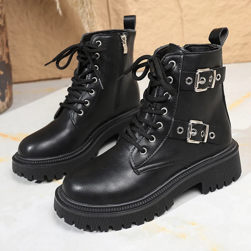 Fashion Buckle Lace Up Ankle Boots Women Autumn Winter Pu Leather Platform Boots Woman Chic Thick Sole Zipper Motorcycle Booties