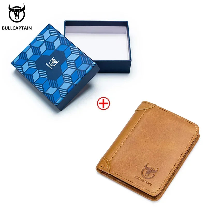 Bullcaptain RFID Leather Men's Wallet with Coin Purse Retro Fashion Men's Wallet Features Brown Short Wallet Card Holder Clutch